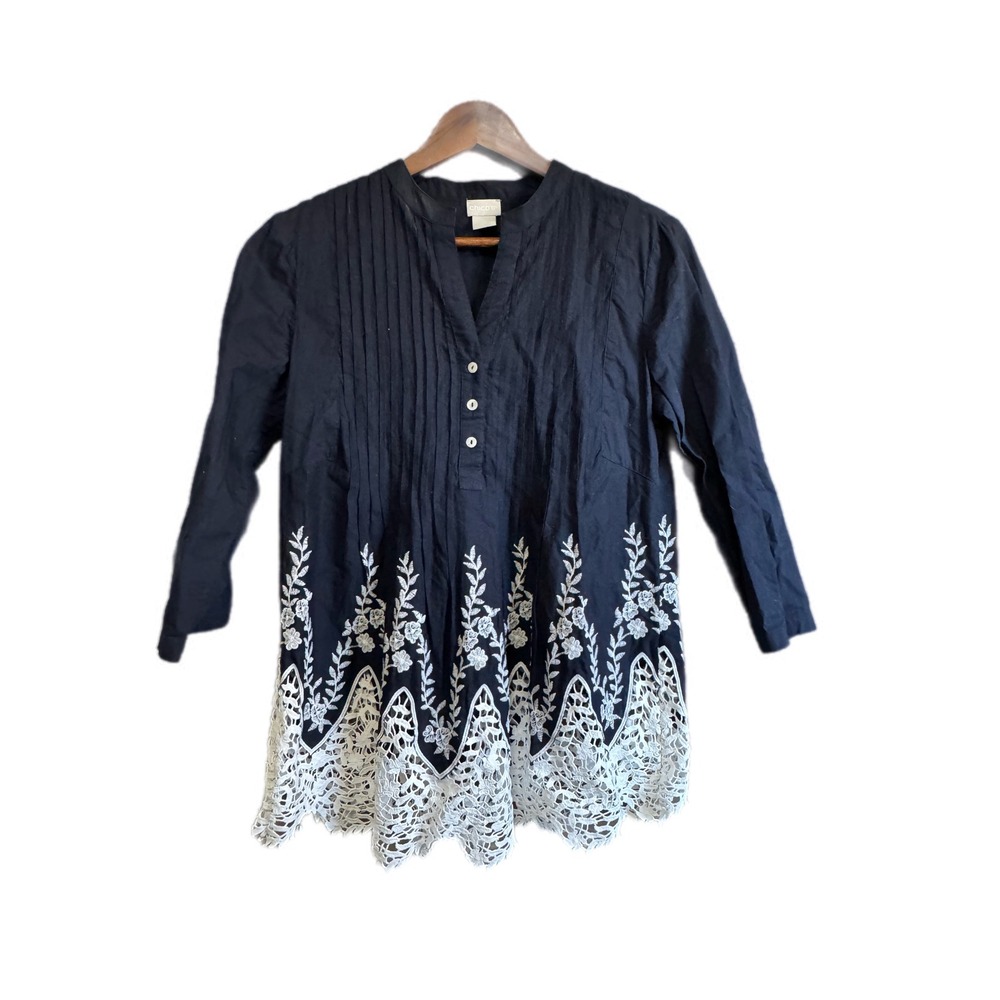 Chico's Pintuck Lace Tunic Women 0 Small Navy Blue‎ Excellent Embroidered Boho